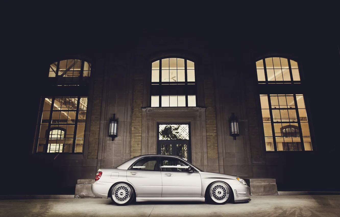 Photo wallpaper building, Subaru, Impreza, silver, Subaru, Impreza, silvery