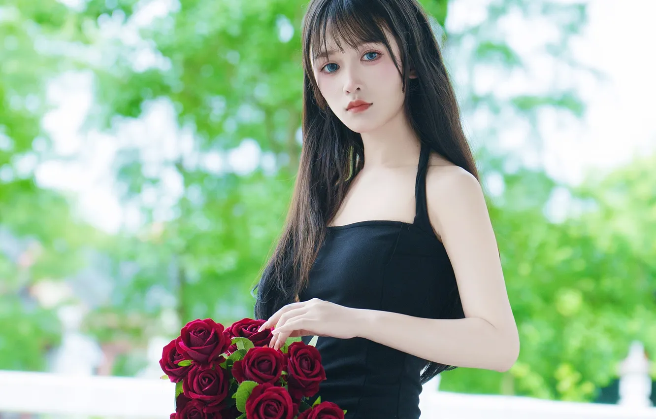 Photo wallpaper flower, woman, beautiful, model, pretty, asian, bouquet, roses