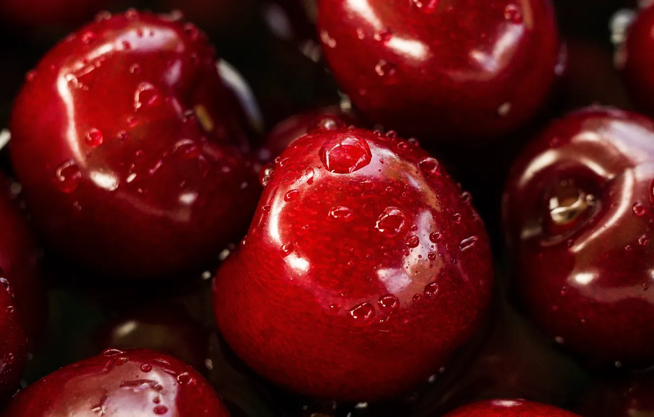 Photo wallpaper Macro, Drops, Cherry, Food, Berry