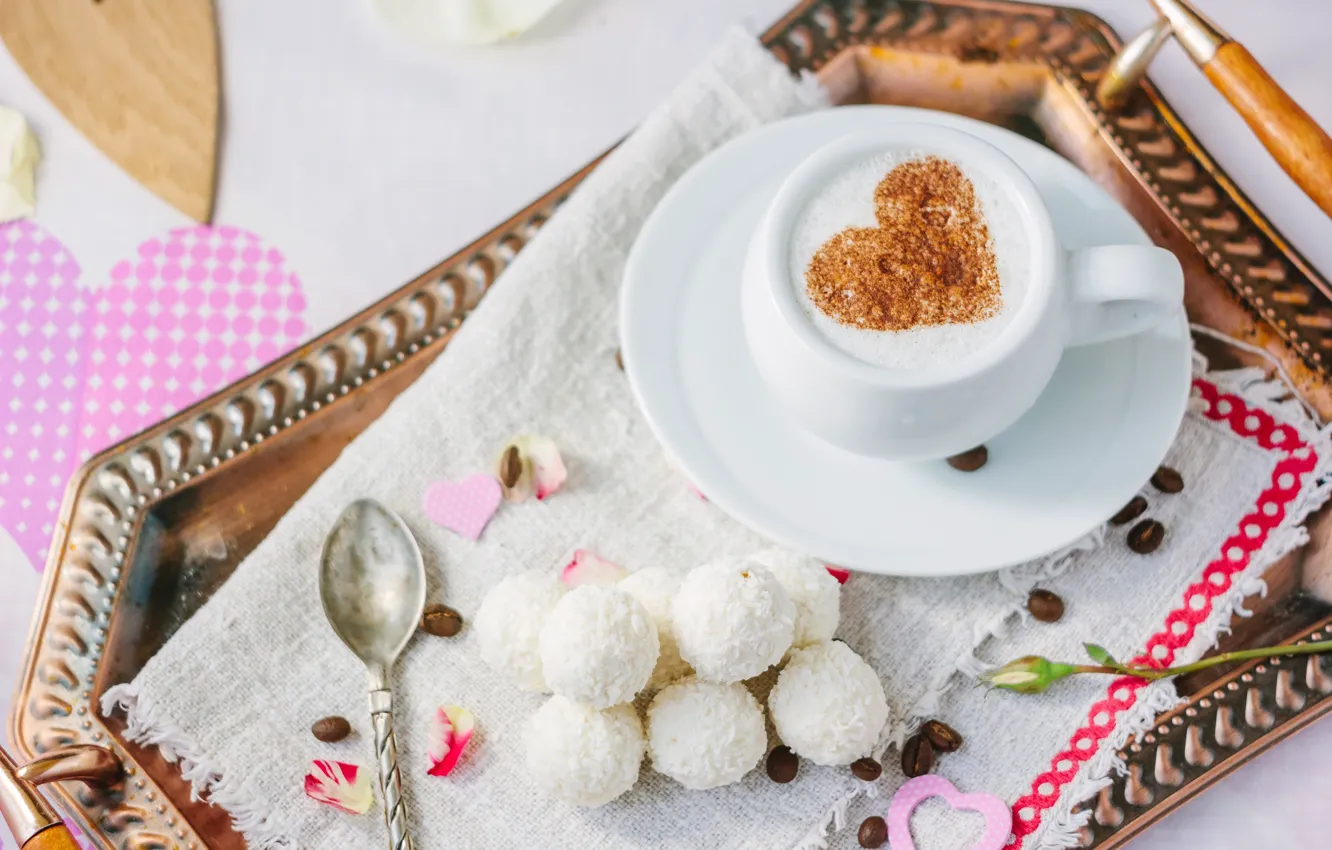 Photo wallpaper coffee, grain, candy, spoon, Cup, hearts, sweets, Valentine's day