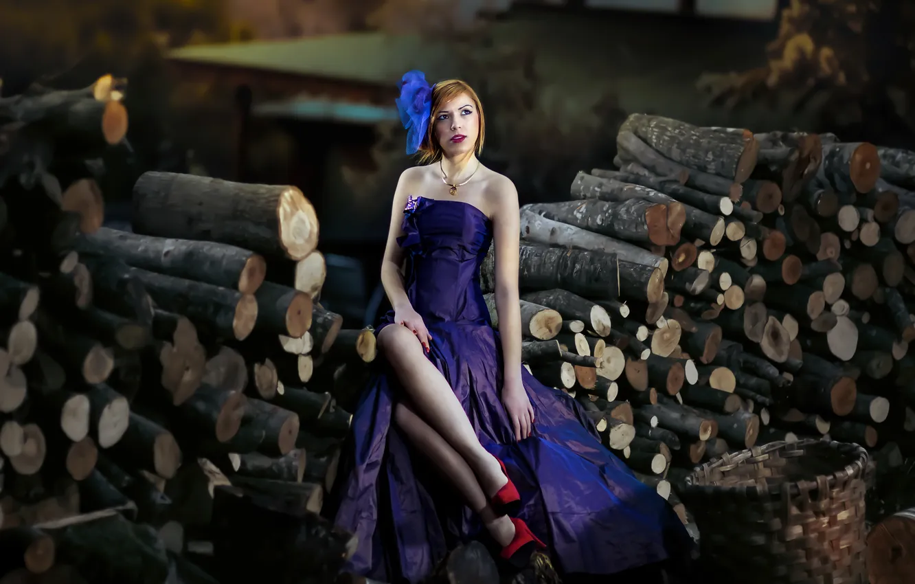 Photo wallpaper girl, pose, wood