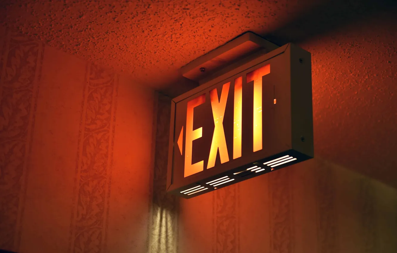 Photo wallpaper fire, hotel, evacuation, label, isolated, exit, hallway, Illuminated
