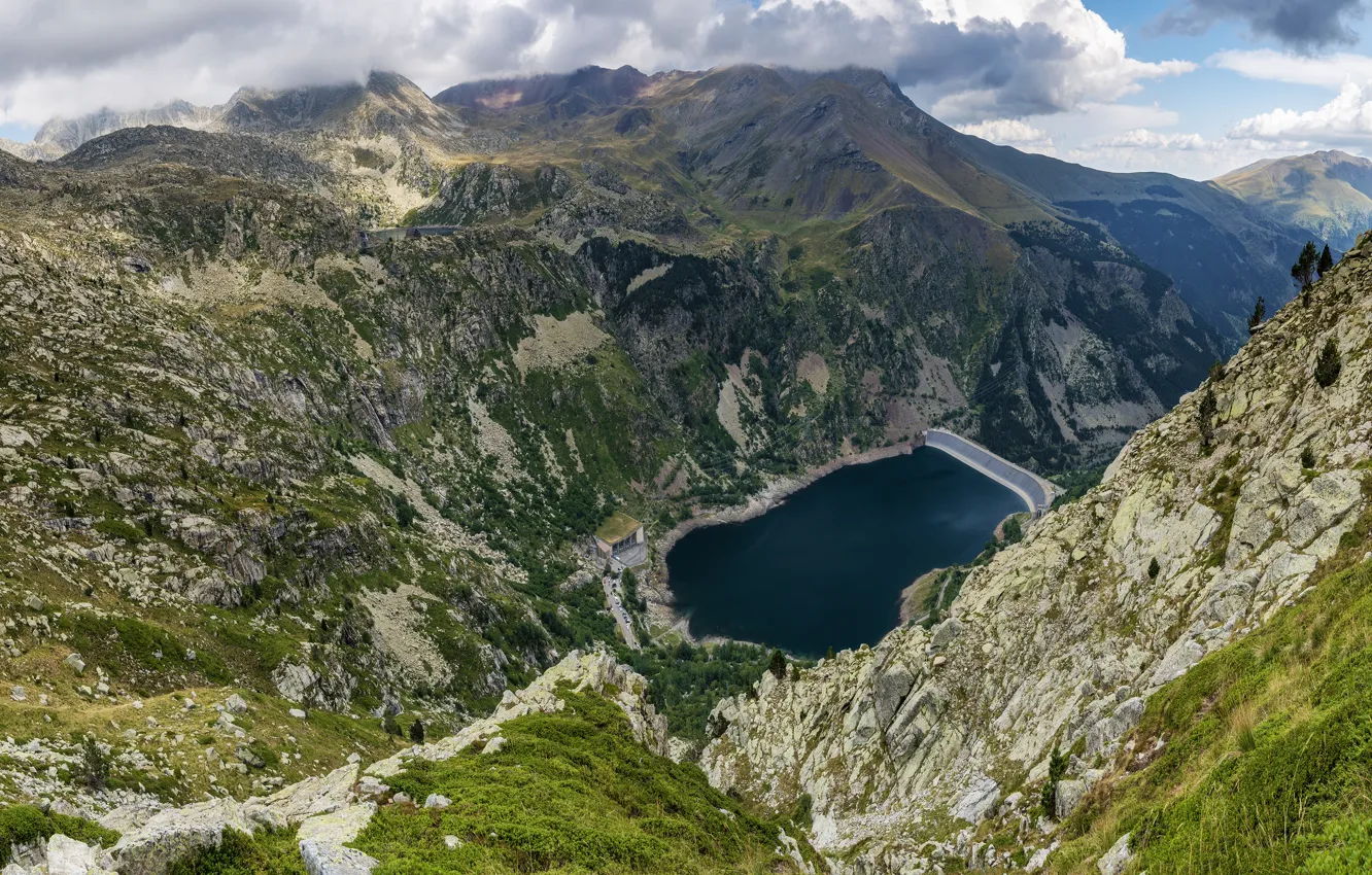 Photo wallpaper clouds, mountains, lake, rocks, the