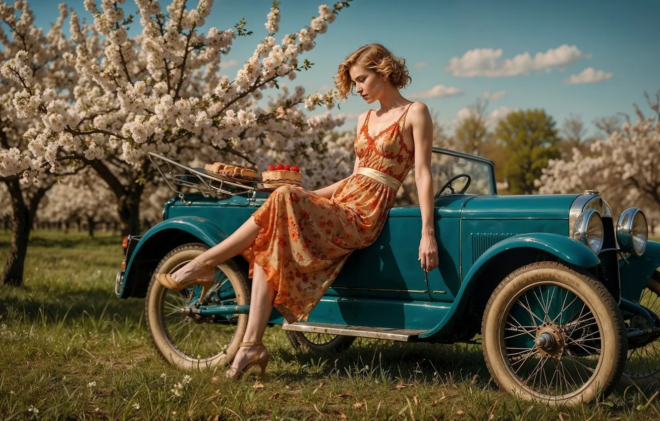 Photo wallpaper machine, girl, pose, spring, garden, car, sitting, flowering