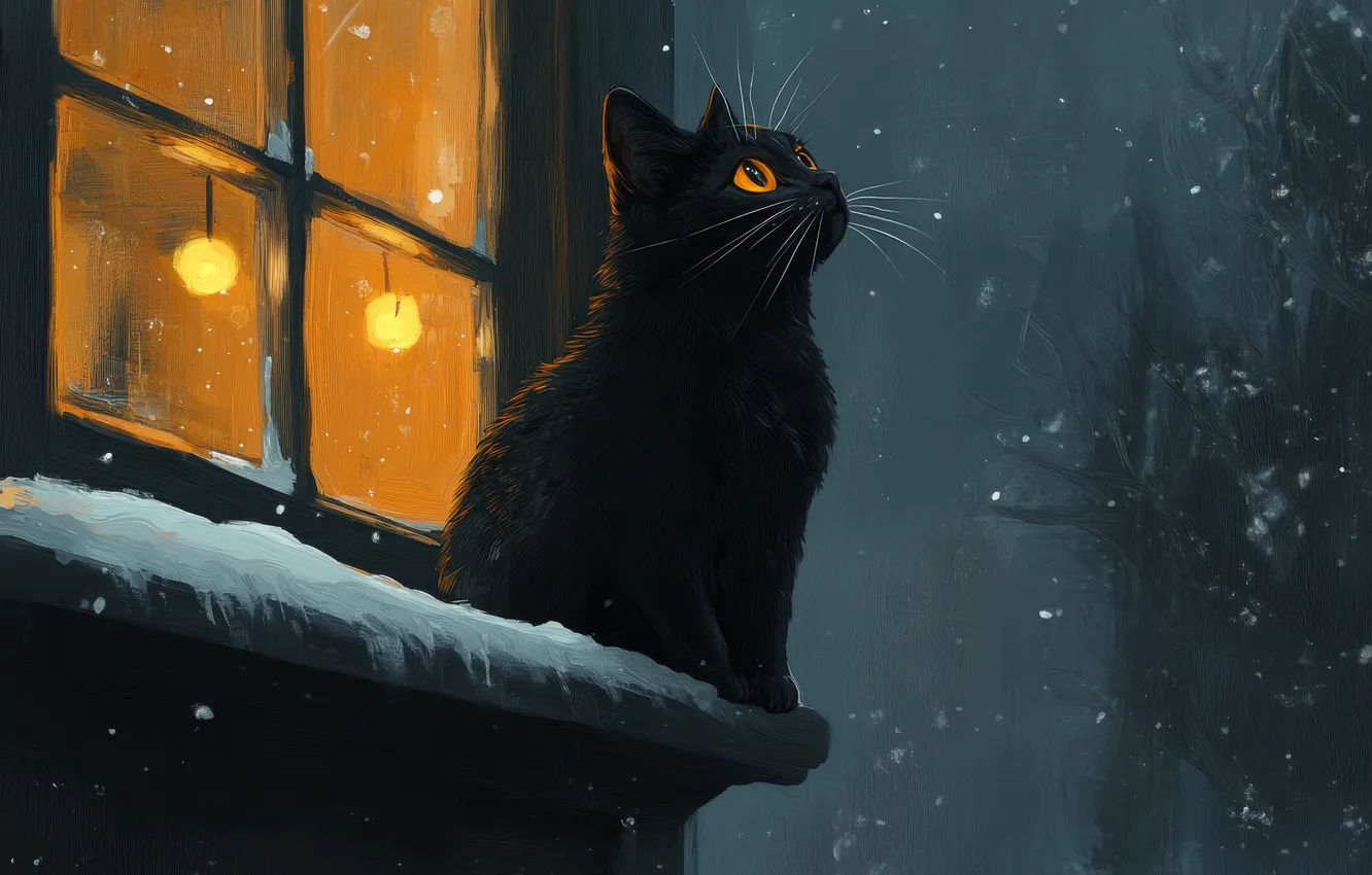 Photo wallpaper winter, cat, cat, look, snow, night, pose, black