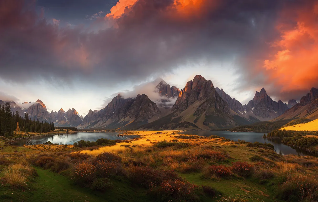 Photo wallpaper field, autumn, clouds, mountains, nature, lake, shore, vegetation