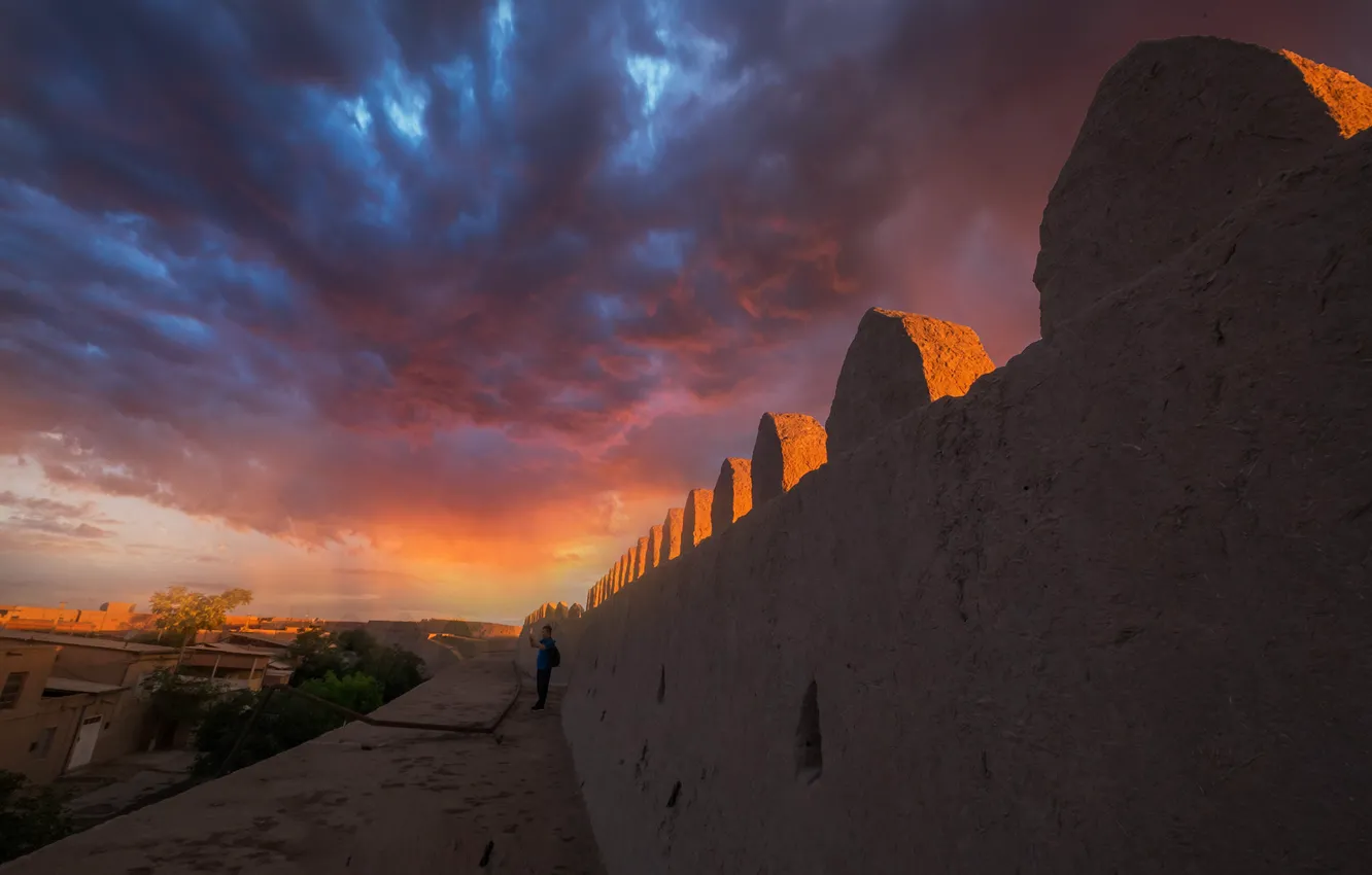 Photo wallpaper clouds, wall, glow, Uzbekistan, Khiva