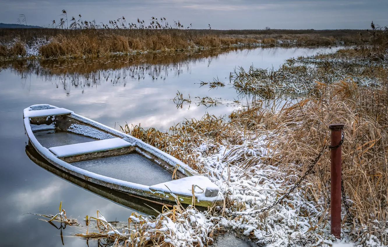 Photo wallpaper winter, field, boat