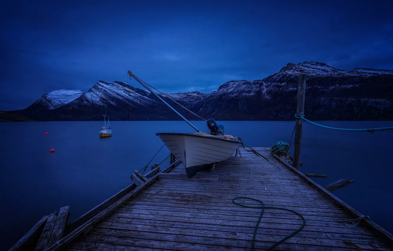 Photo wallpaper sea, mountains, night, shore, boat, Norway, pierce, Bay