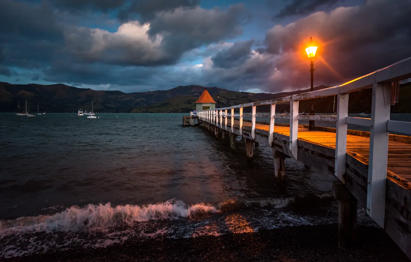 Photo wallpaper sea, rays, light, landscape, mountains, clouds, storm, nature