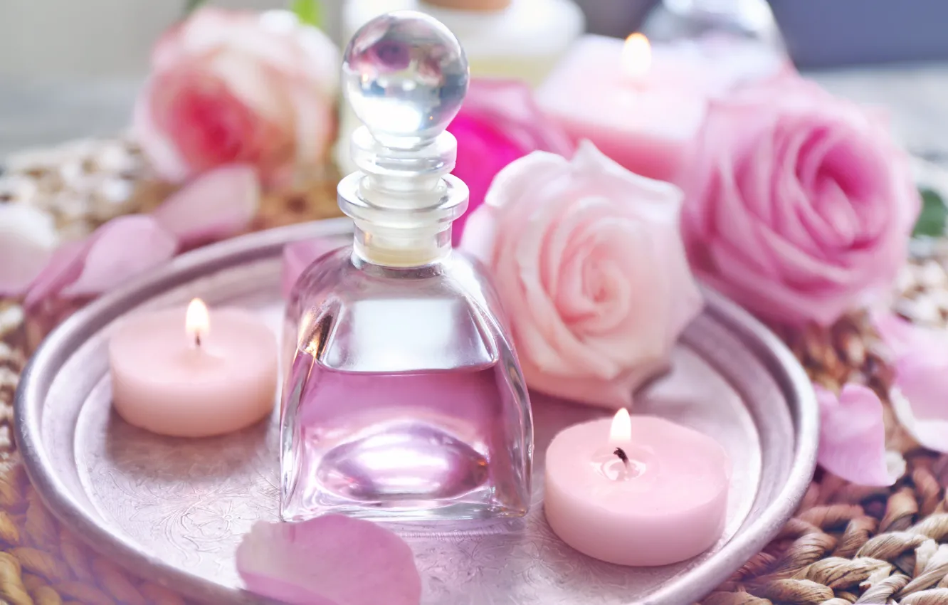 Photo wallpaper candles, petals, rose, wood, pink, petals, pink roses, spa