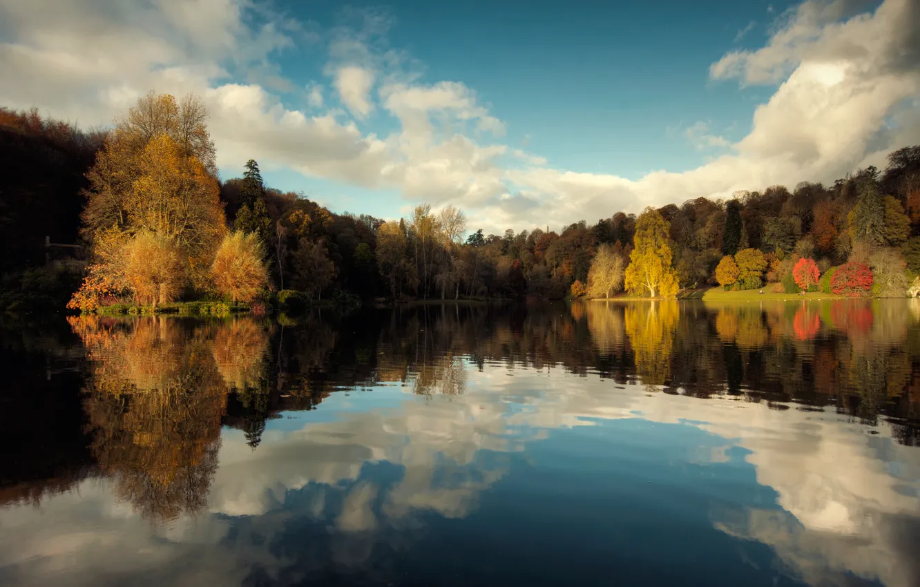Photo wallpaper autumn, the sky, reflection, trees, nature, lake