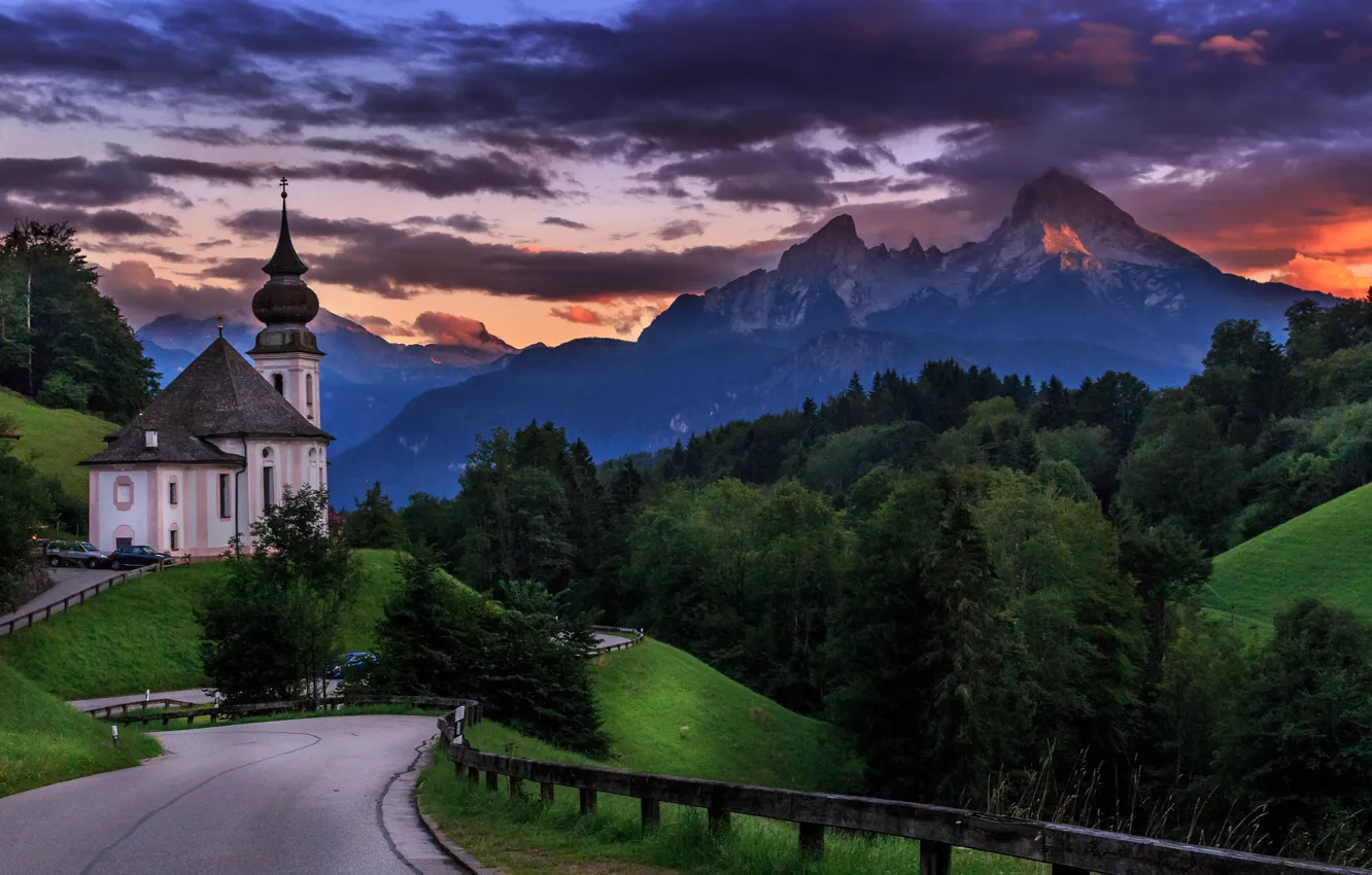 Photo wallpaper road, trees, landscape, sunset, mountains, nature, Germany, Bayern