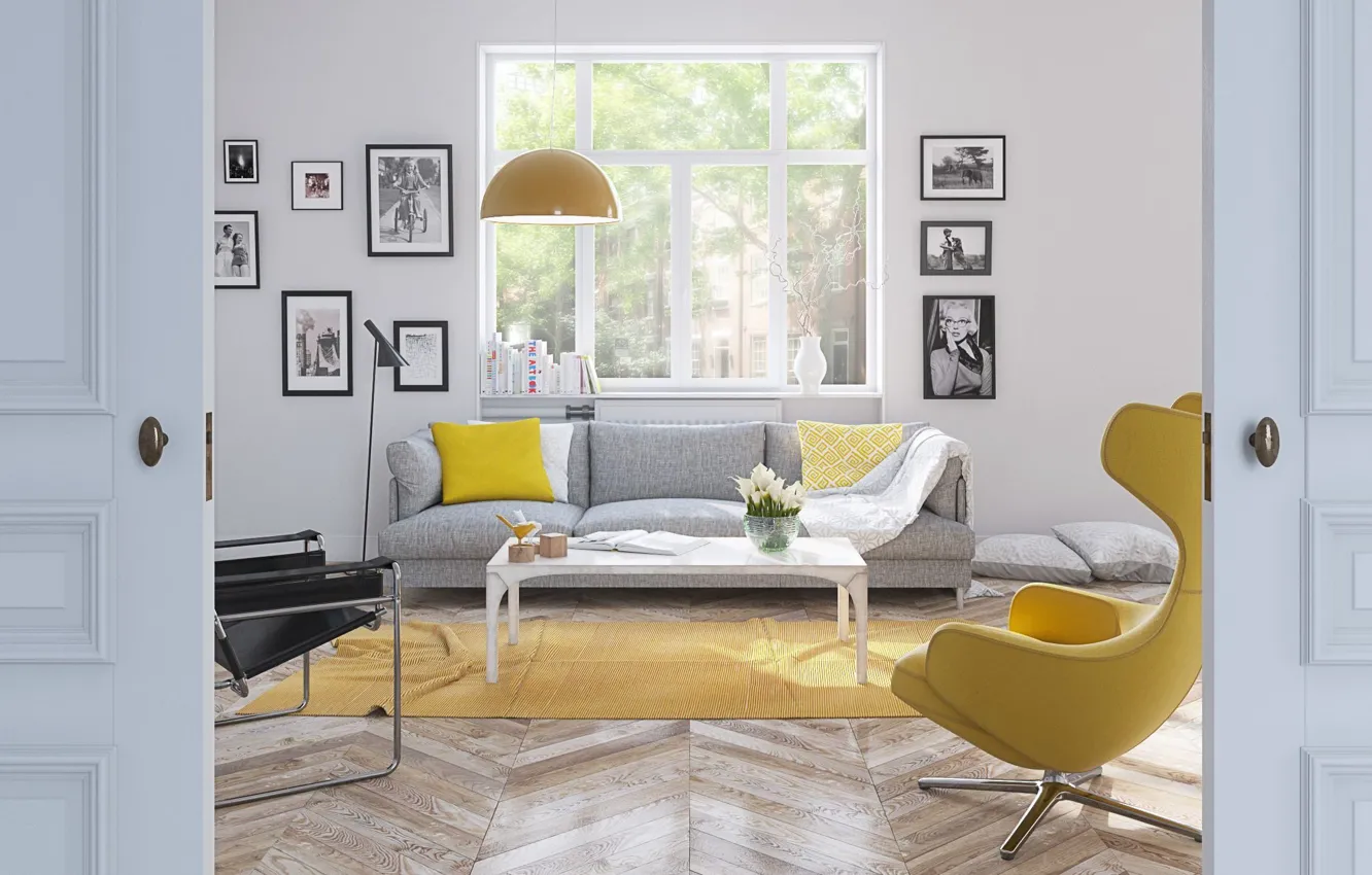 Photo wallpaper design, interior, sofa, living room, Scandinavian style, by Aurelien Brion architecte, Scandinave light