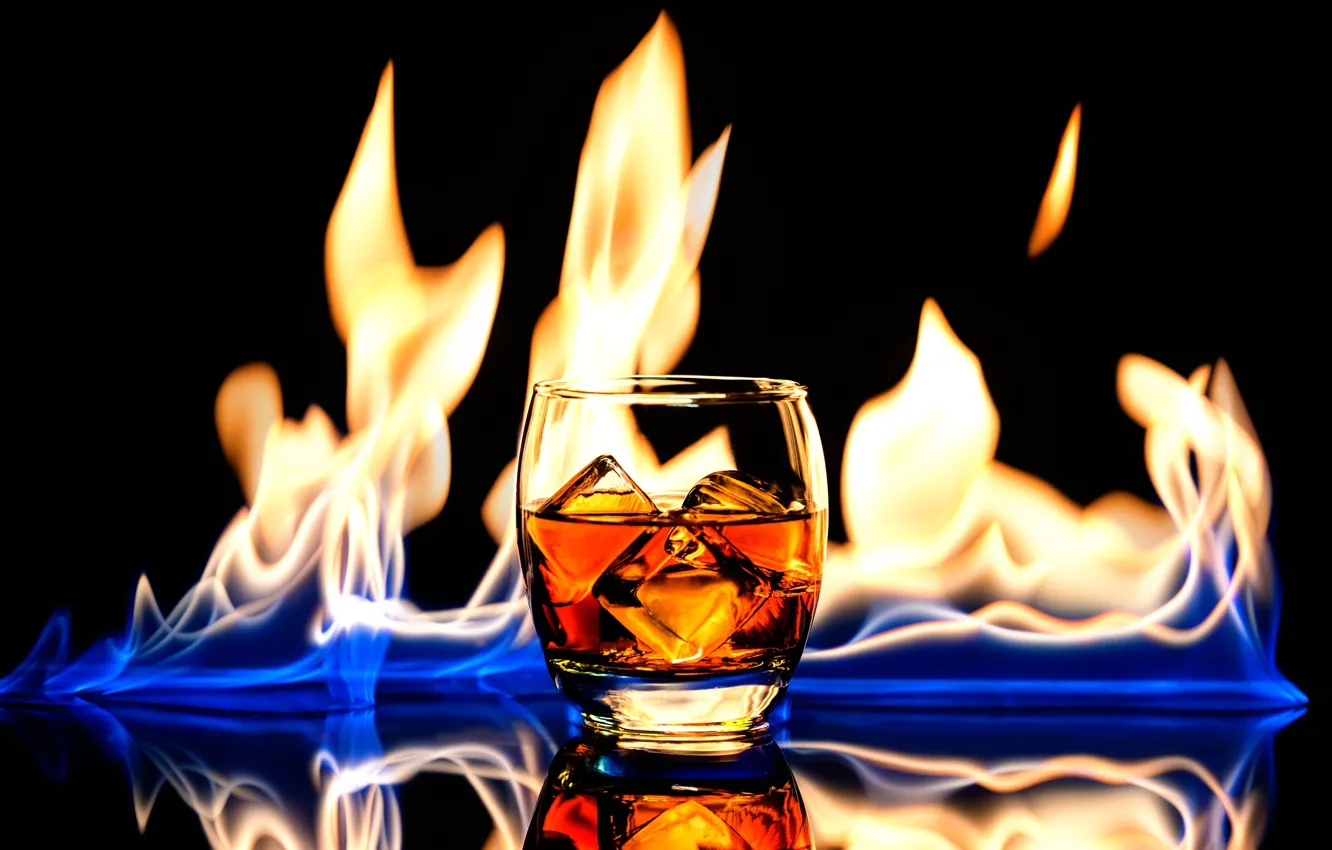 Photo wallpaper glass, drink, whiskey, Ice and Flame