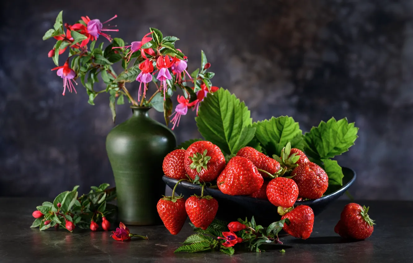 Photo wallpaper flowers, berries, strawberry, still life, fuchsia, Andrey Nuzhdin