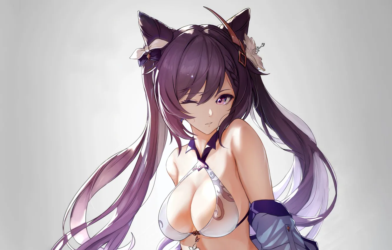 Photo wallpaper girl, sexy, cleavage, long hair, boobs, anime, beautiful, purple eyes