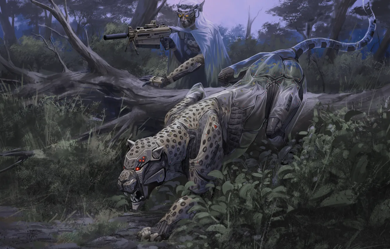 Photo wallpaper cat, weapons, tree, robot, predator, warrior, art, soldiers