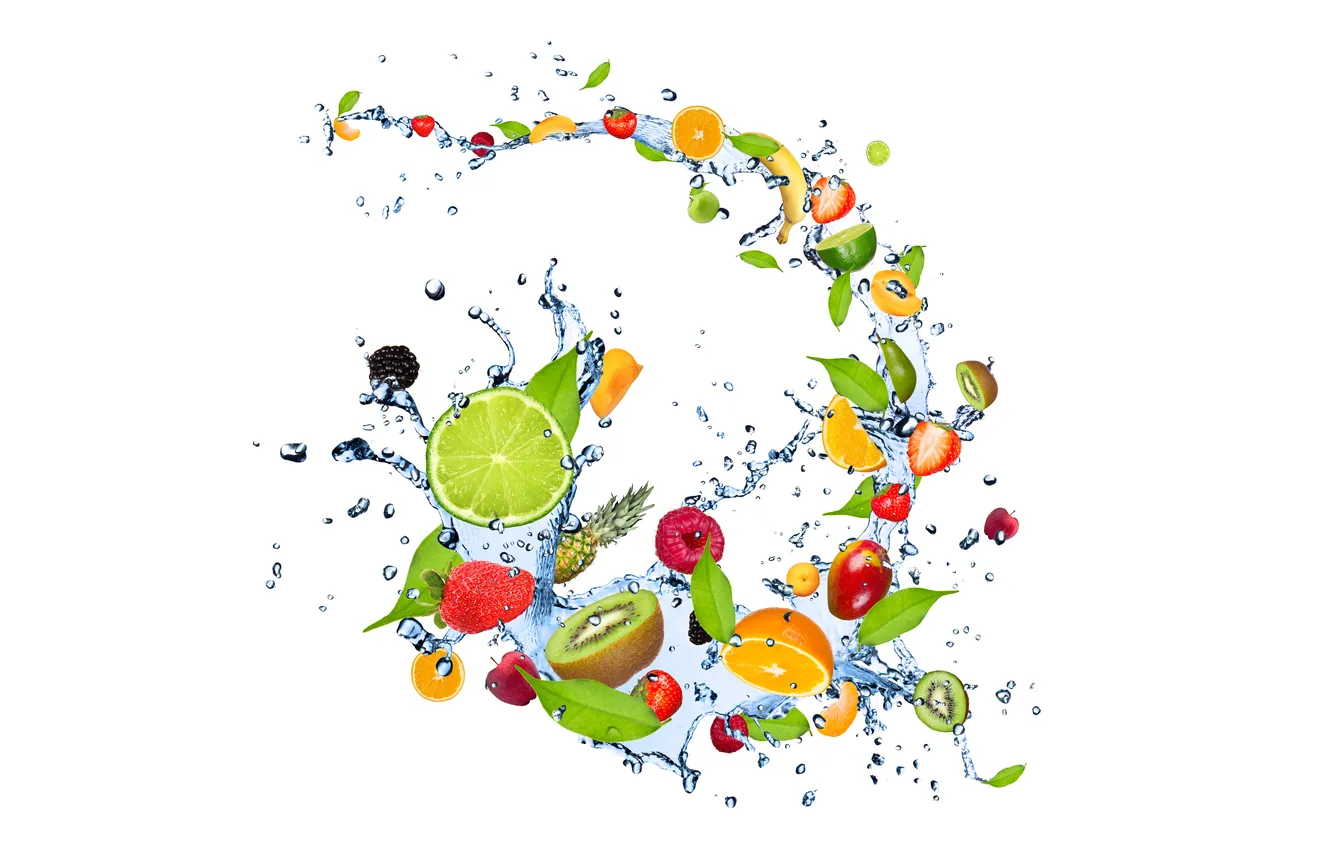 Photo wallpaper squirt, berries, raspberry, orange, kiwi, strawberry, bananas, lime