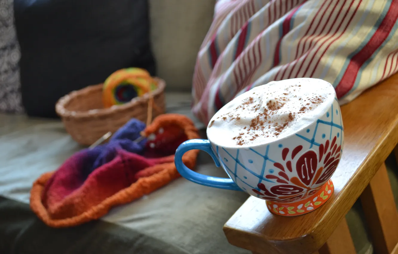 Photo wallpaper foam, tangle, sofa, basket, Cup, drink, spokes, cappuccino