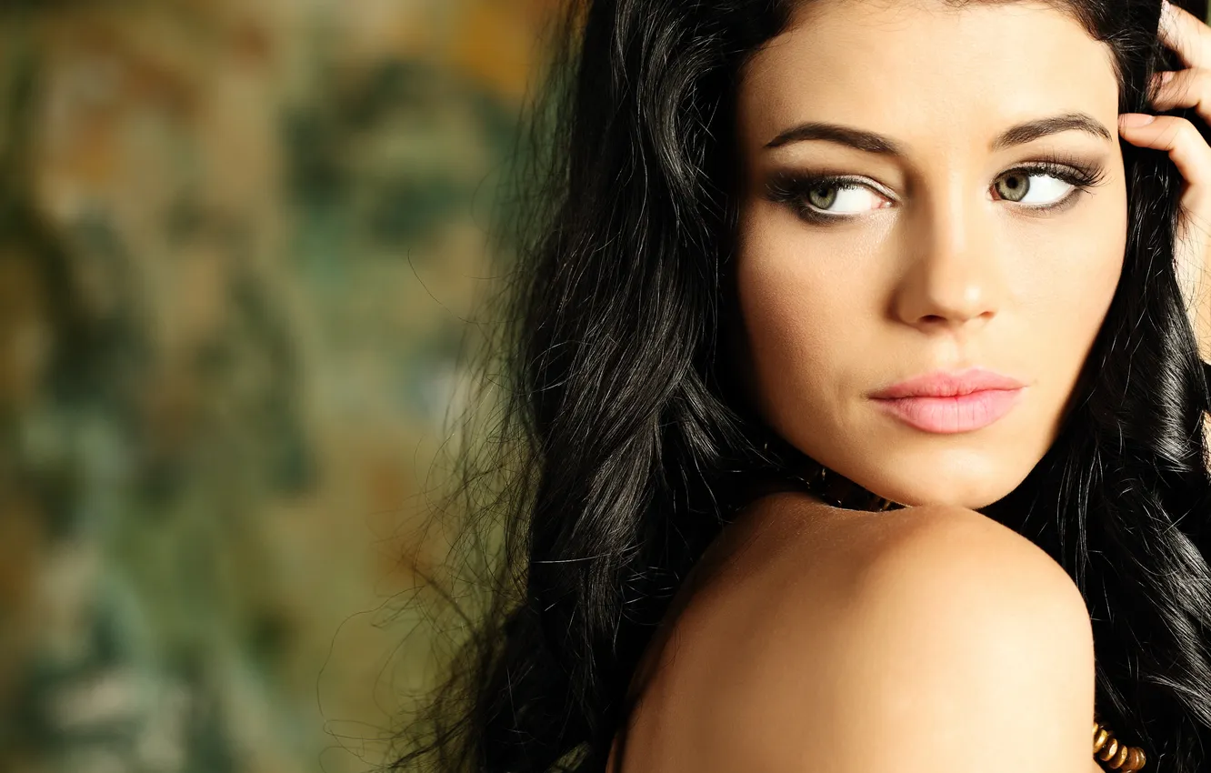 Photo wallpaper eyes, look, girl, eyelashes, model, hair, hands, shoulders