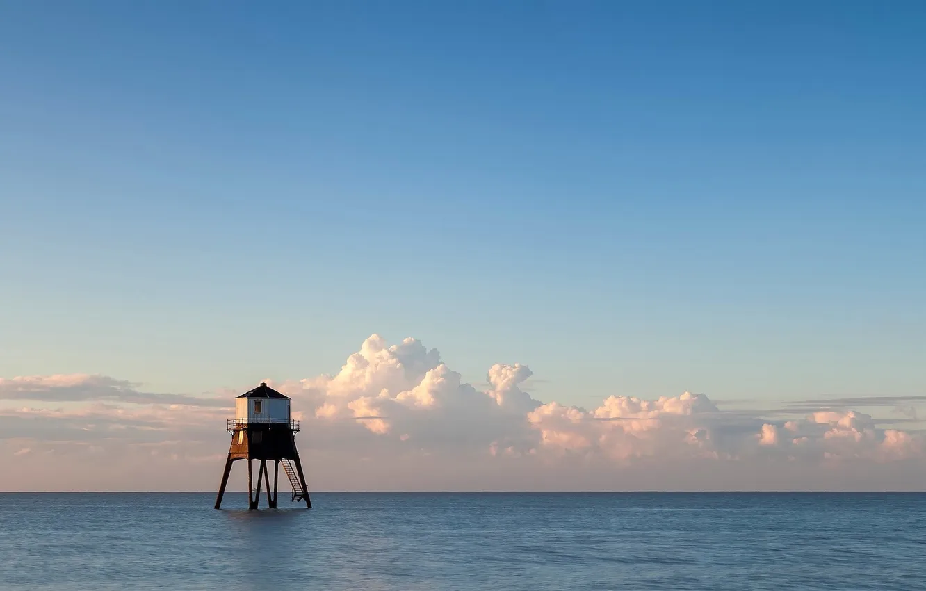Photo wallpaper sea, clouds, the ocean, building, home, horizon
