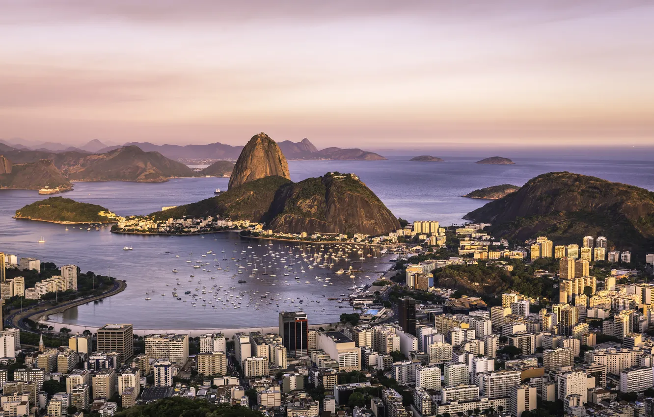 Photo wallpaper mountains, coast, building, mountain, yachts, panorama, Bay, Brazil