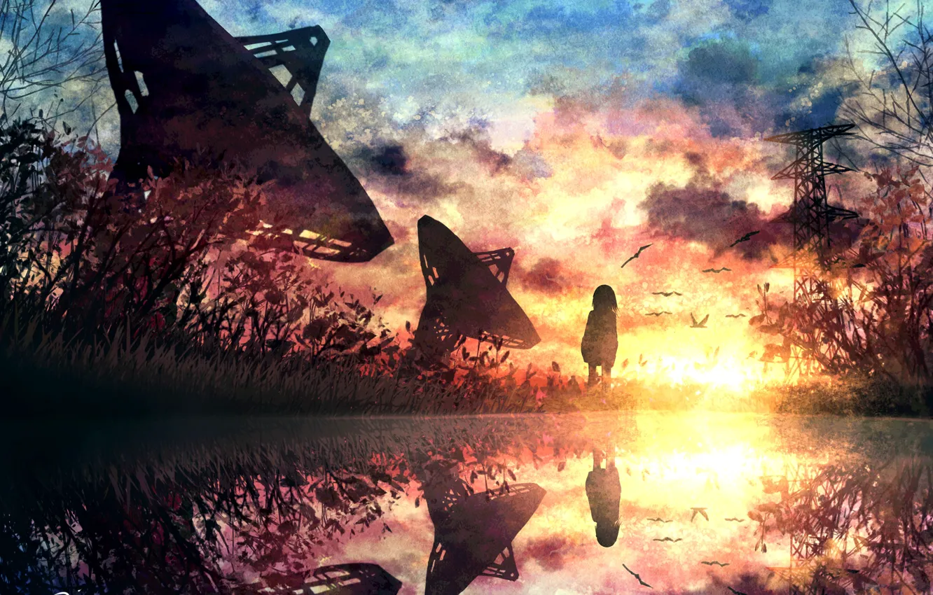 Photo wallpaper sunset, nature, girl, pond, electronic telescope