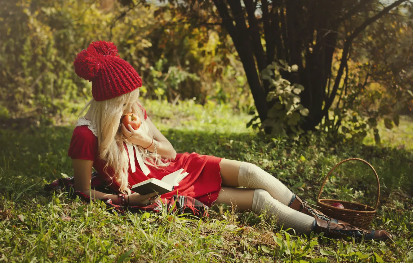 Photo wallpaper girl, nature, basket, Apple, little red riding hood, shoes, blonde, lies