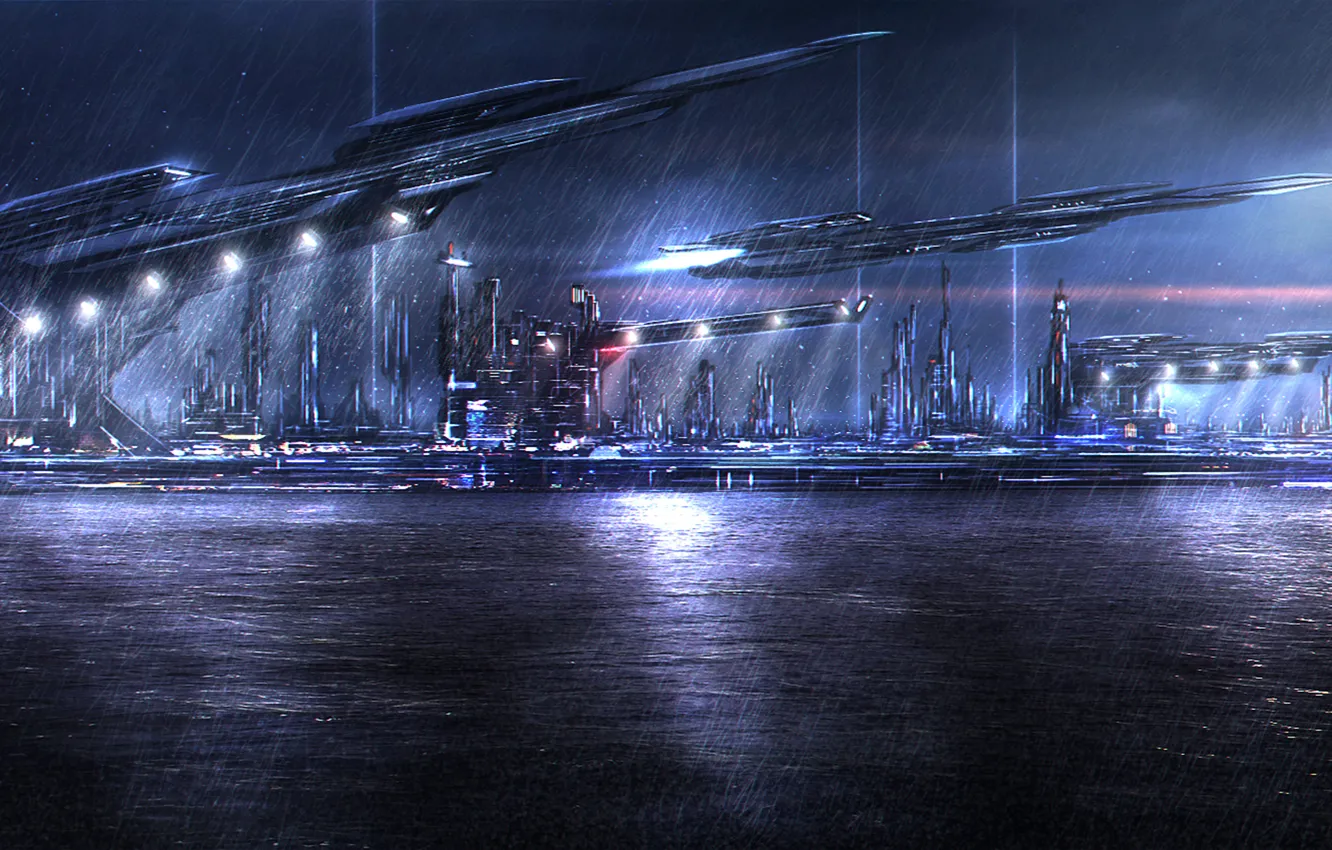 Photo wallpaper sea, night, the city, lights, rain, port, space dock