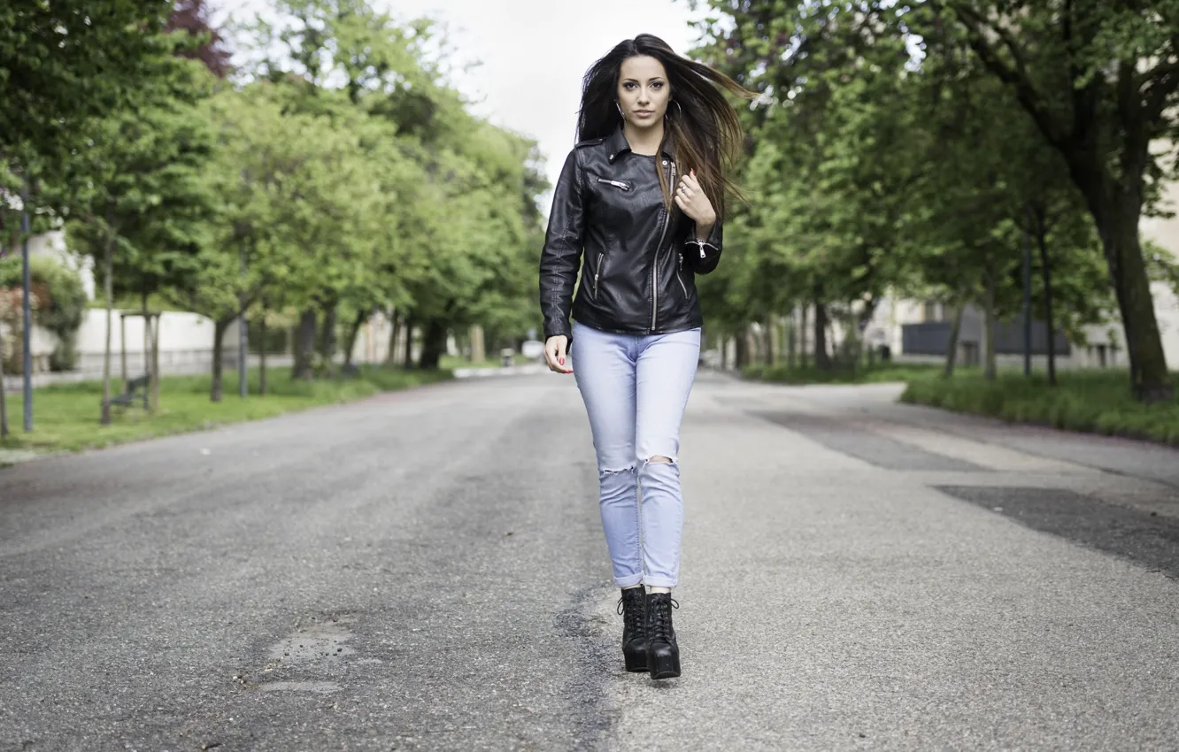 Photo wallpaper girl, leather, jeans, look, cute, jacket