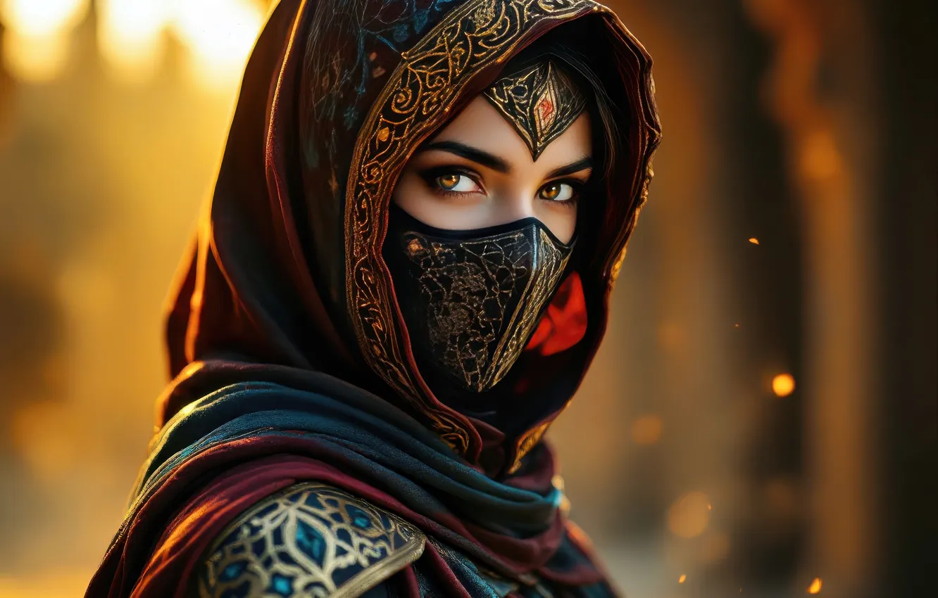 Photo wallpaper look, girl, light, portrait, mask, fantasy, hood, cloak