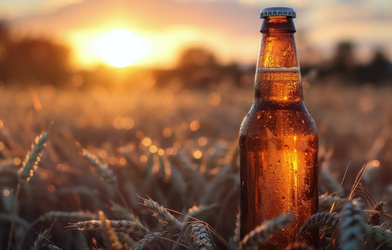 Photo wallpaper wheat, field, glass, the sun, light, sunset, nature, dawn