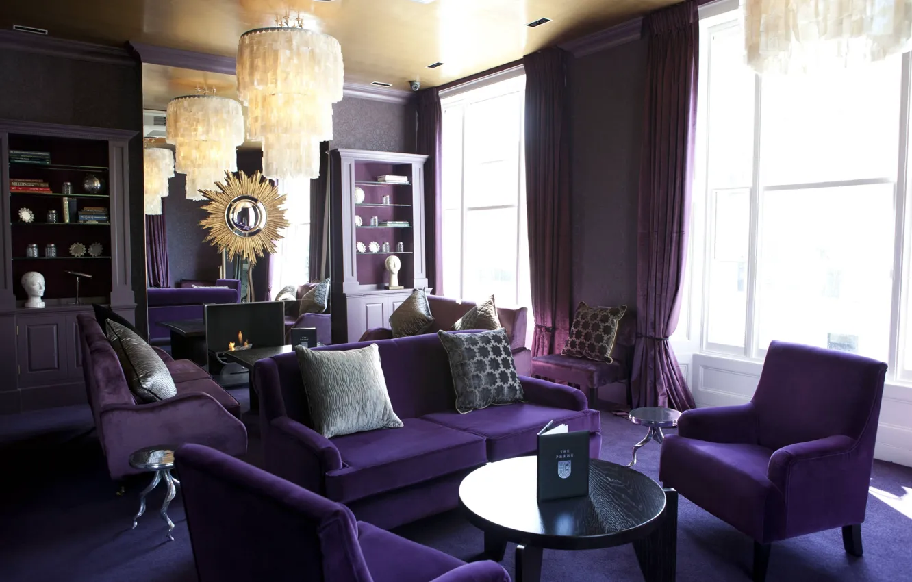 Photo wallpaper purple, design, style, room, sofa, furniture, interior, pillow