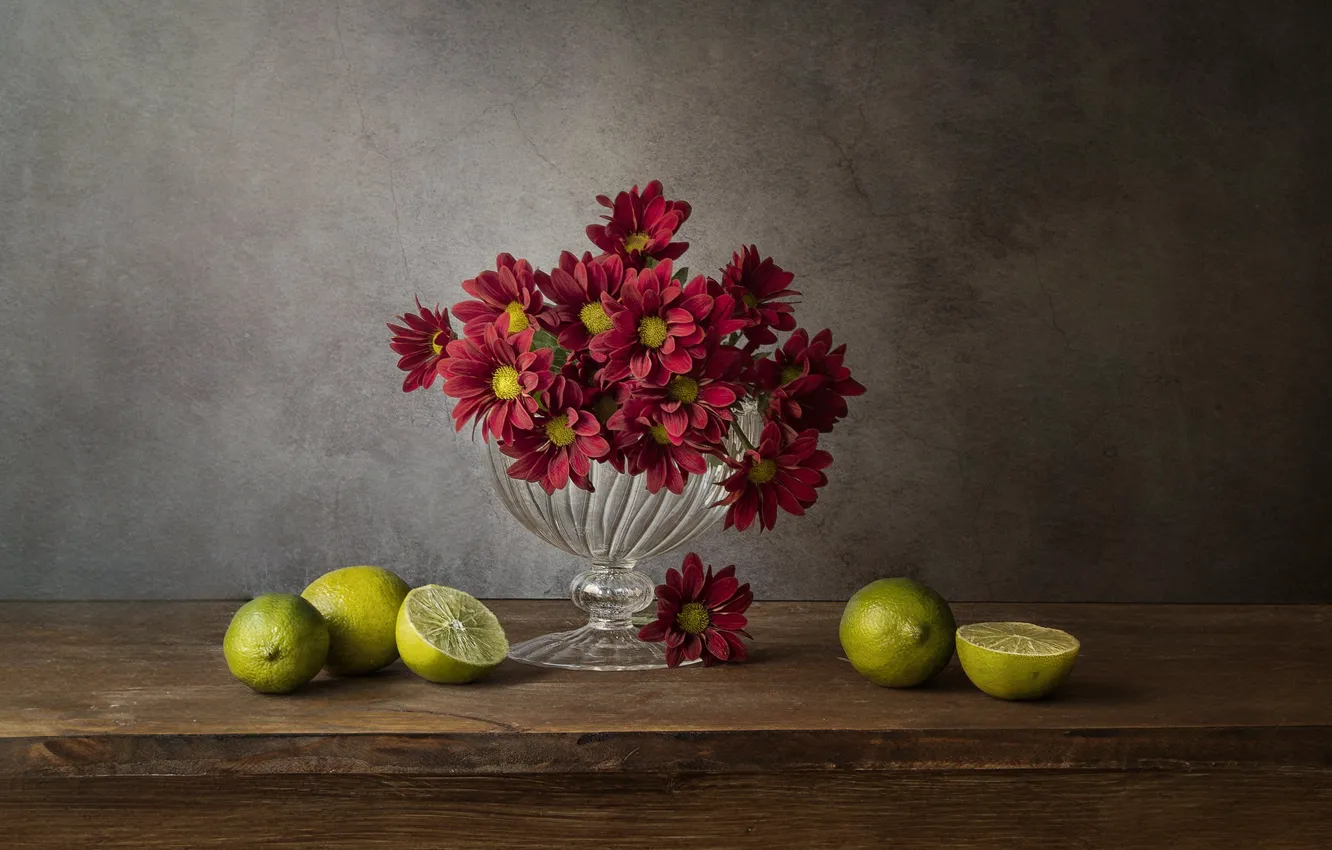 Photo wallpaper flowers, red, table, Board, bouquet, lime, citrus, fruit