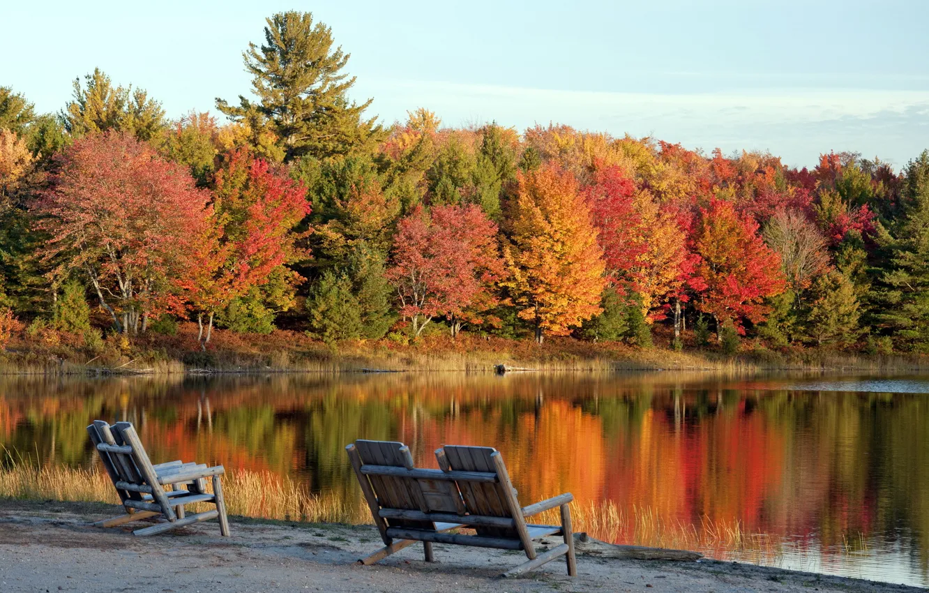Photo wallpaper autumn, landscape, lake, chairs