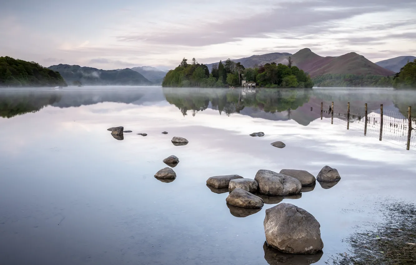 Photo wallpaper fog, lake, stones