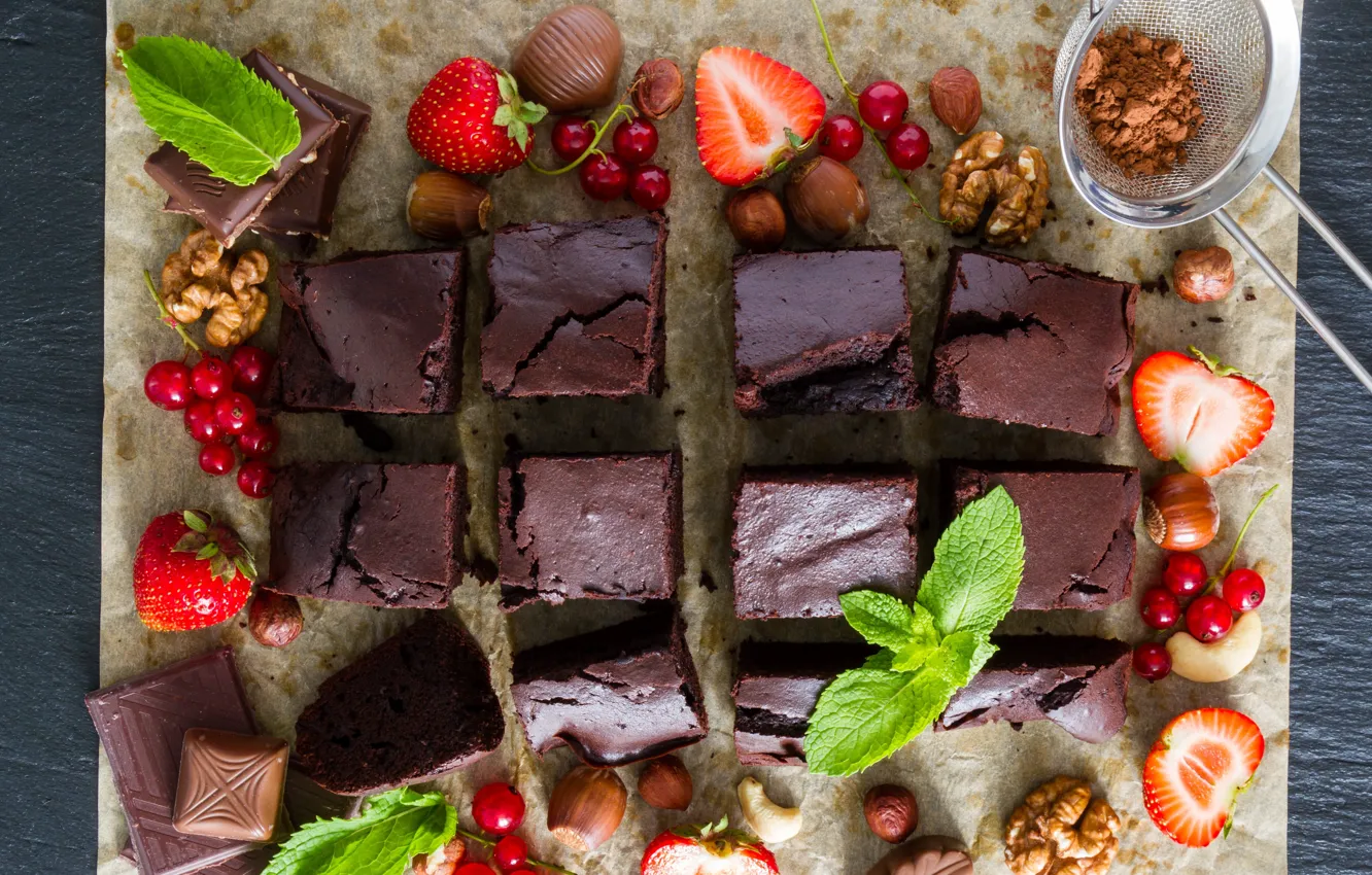 Photo wallpaper berries, chocolate, pie, nuts, mint, dessert, brownie, Naumenko Oleksandra