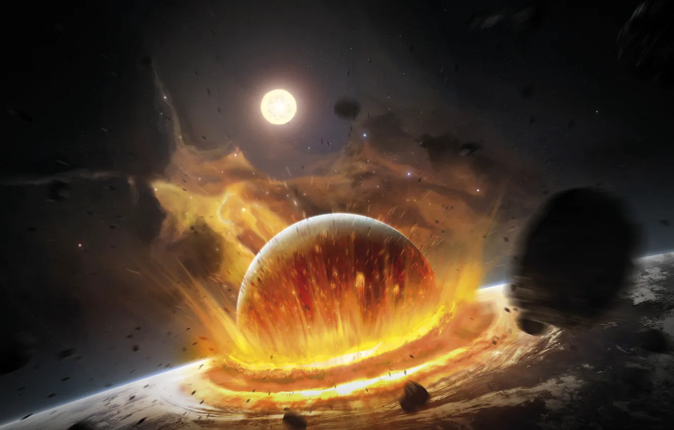 Photo wallpaper space, planet, disaster, blow, clash