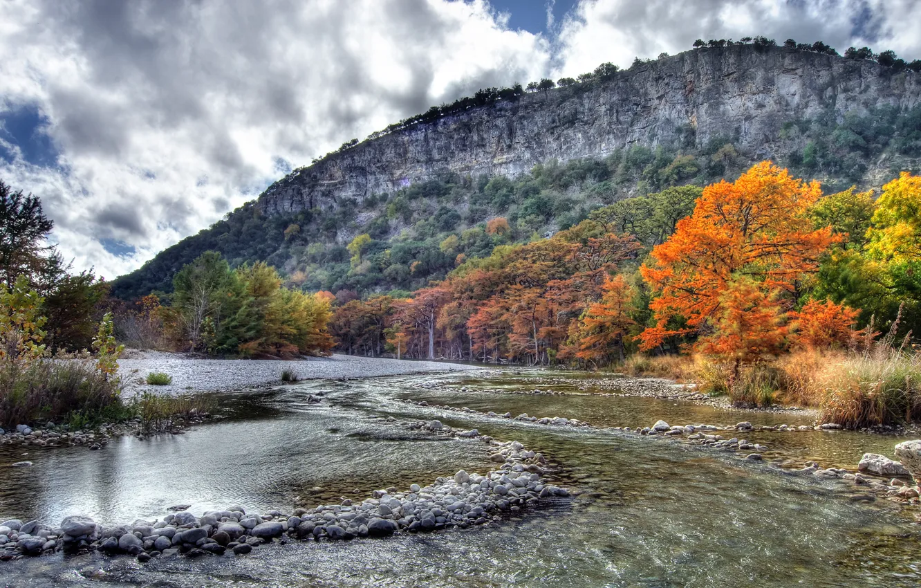 Photo wallpaper autumn, the sky, leaves, clouds, trees, landscape, mountains, river