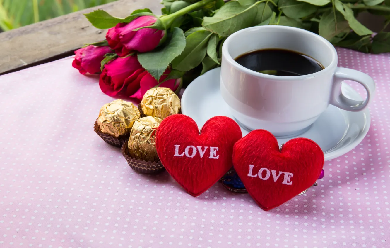 Photo wallpaper flowers, holiday, coffee, roses, hearts, Valentine's day