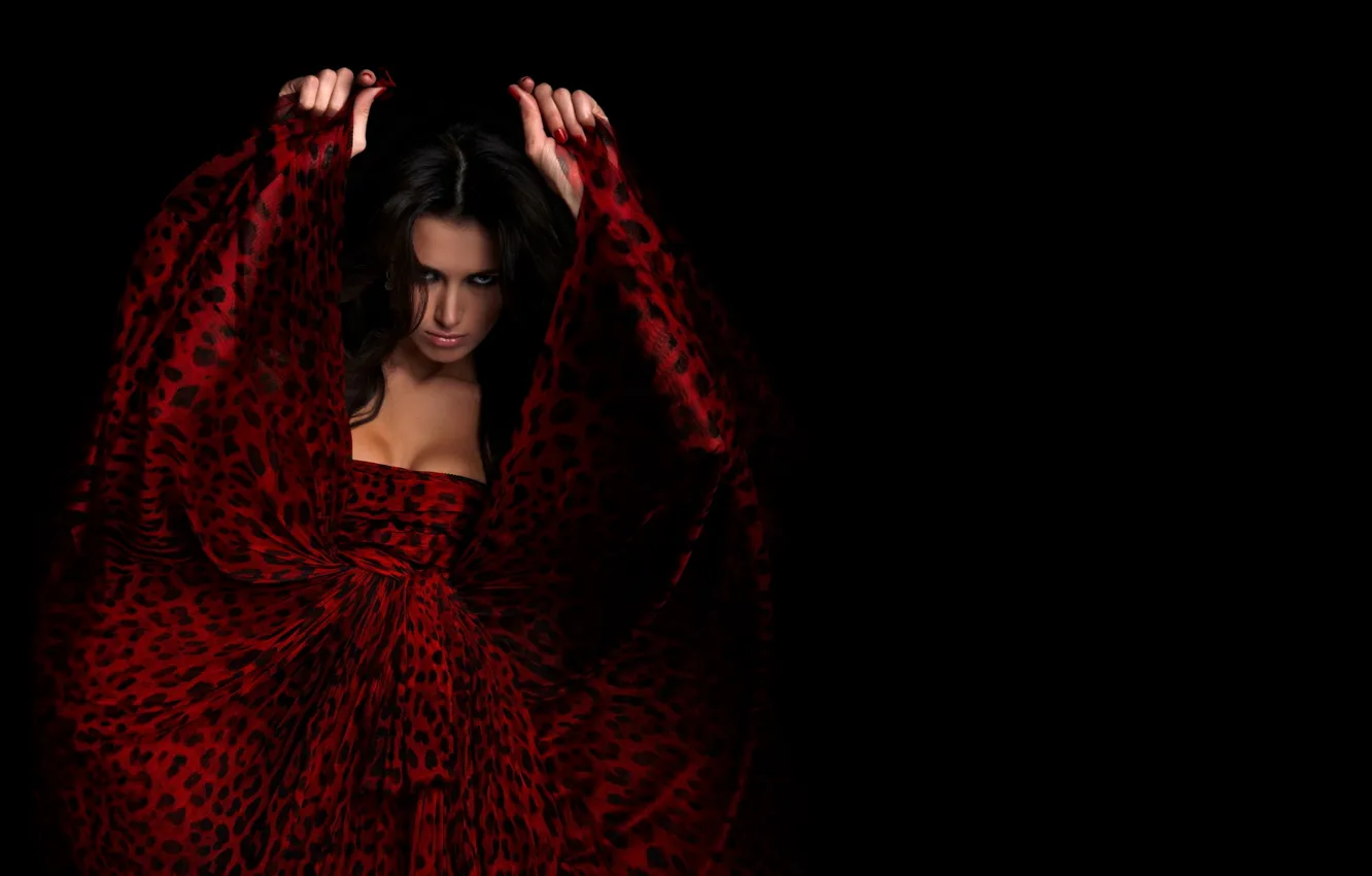 Photo wallpaper girl, red, style, black, dress, brunette, leopard, fashion