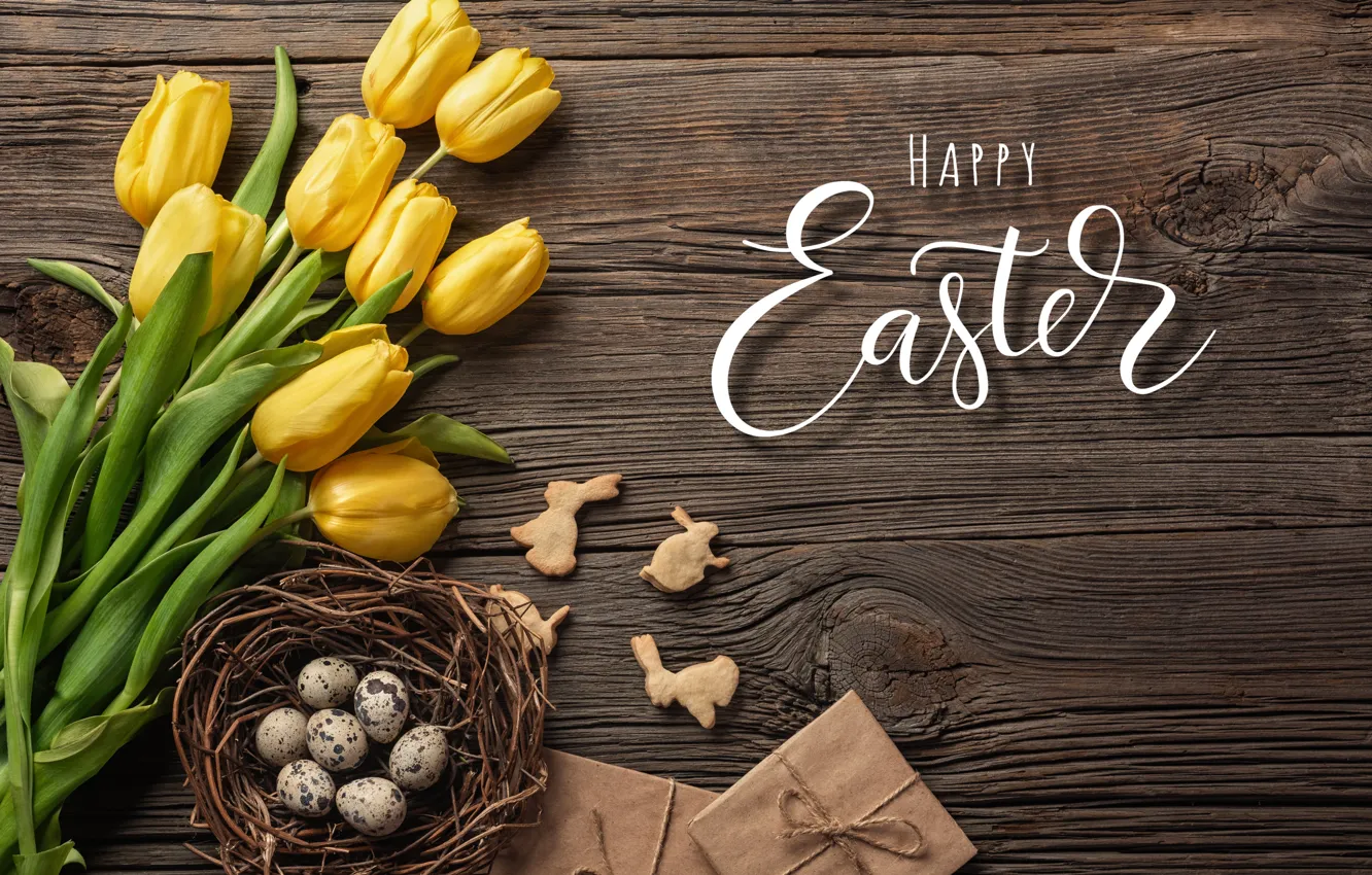 Photo wallpaper flowers, yellow, eggs, bouquet, colorful, Easter, tulips, yellow