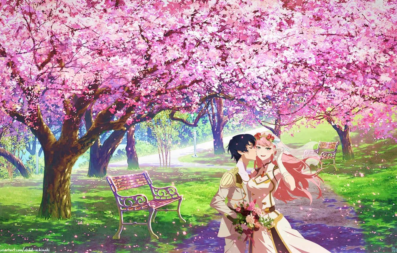 Photo wallpaper bench, kiss, bouquet, track, date, in the Park, Hiro, flowering in the spring