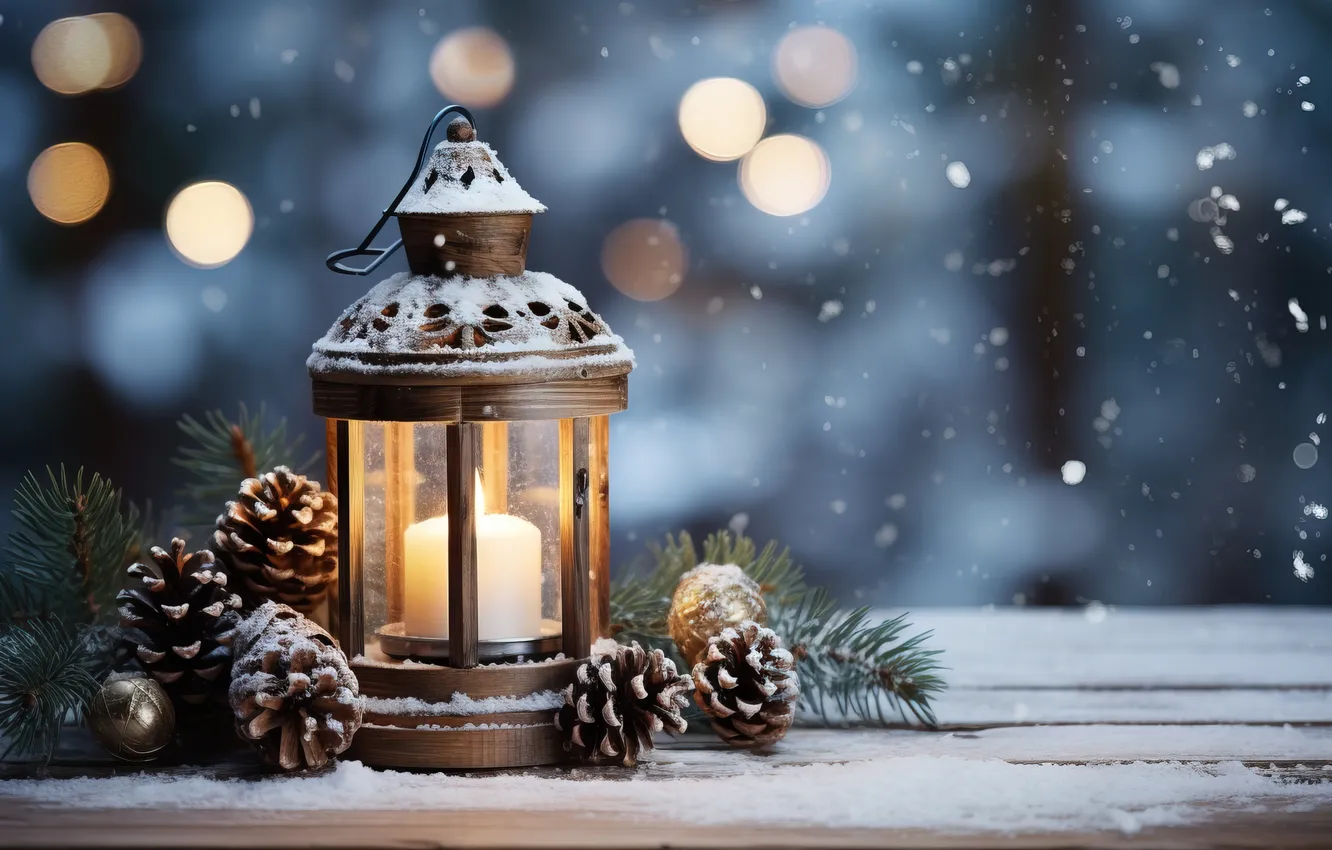 Photo wallpaper winter, snow, night, new year, Christmas, lights, Christmas, night