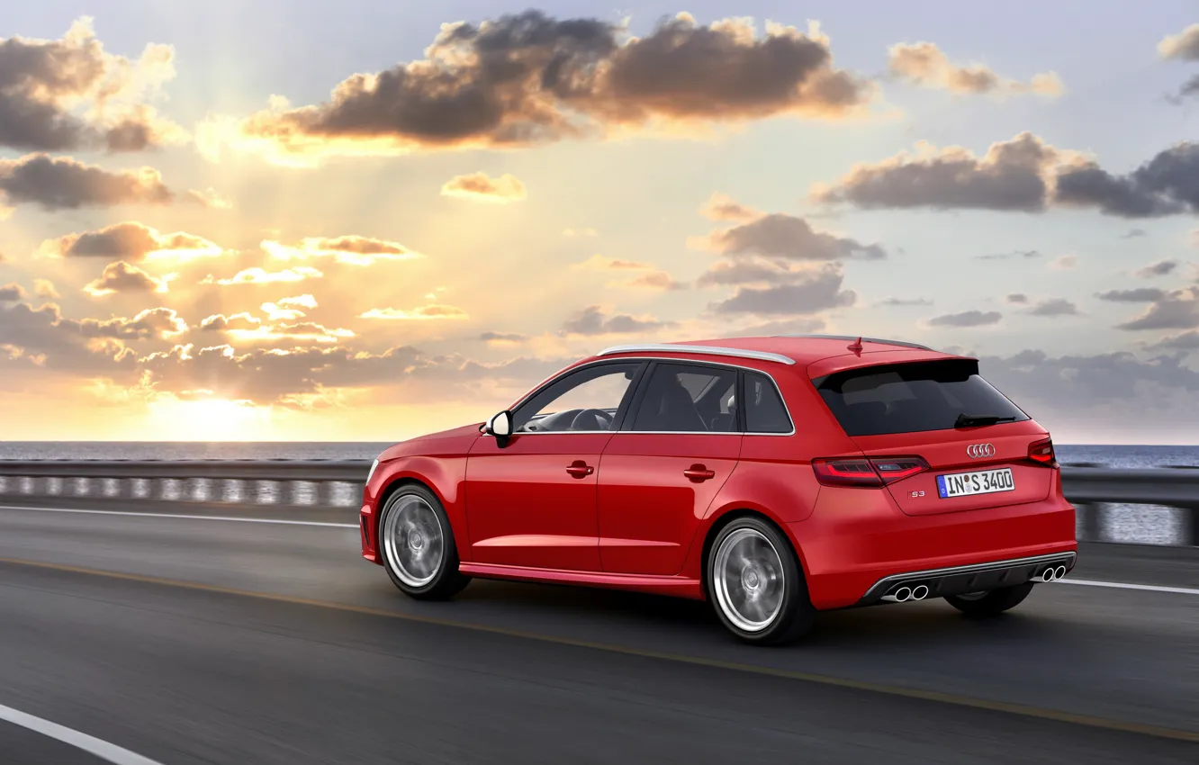 Photo wallpaper road, the sky, asphalt, clouds, sunset, red, photo, Audi