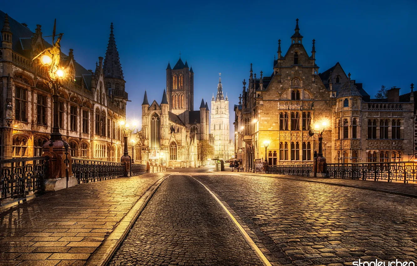 Photo wallpaper night, the city, lights, home, Belgium