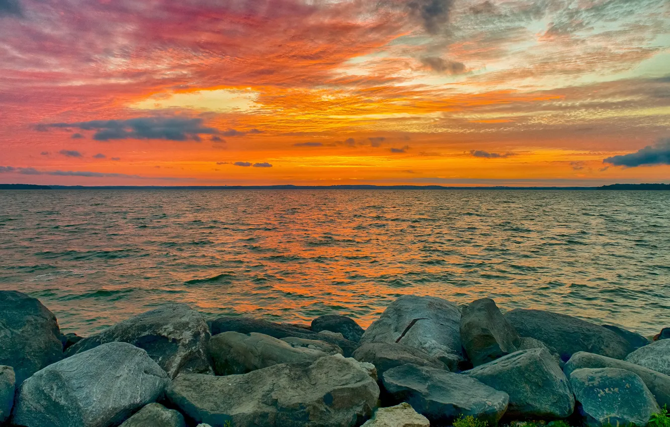 Photo wallpaper sea, the sky, sunset, stones, shore