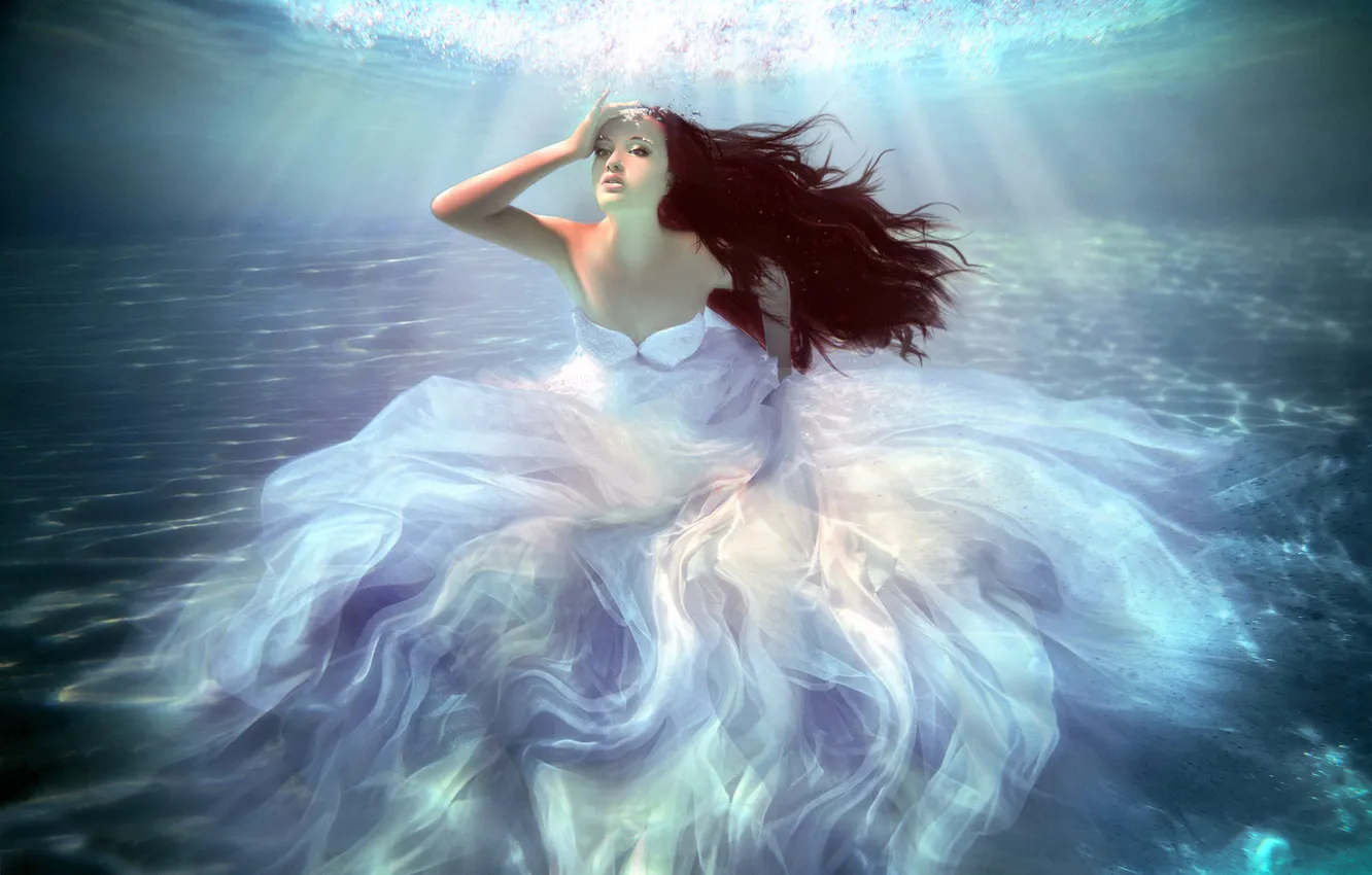 Photo wallpaper white, water, rays, light, hair, dress, brown hair