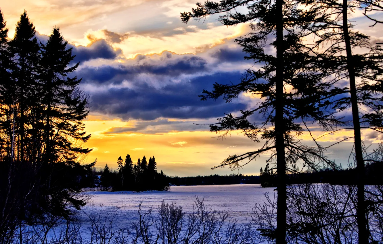 Photo wallpaper Canada, river, trees, nature, sunset, winter, autumn, lake